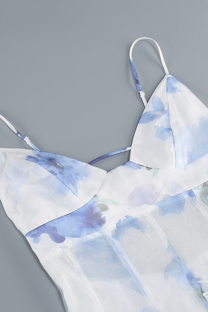 Blue Floral Straps Ruffle Slit Dress