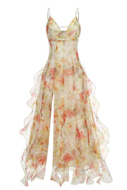 Blue Floral Straps Ruffle Slit Dress