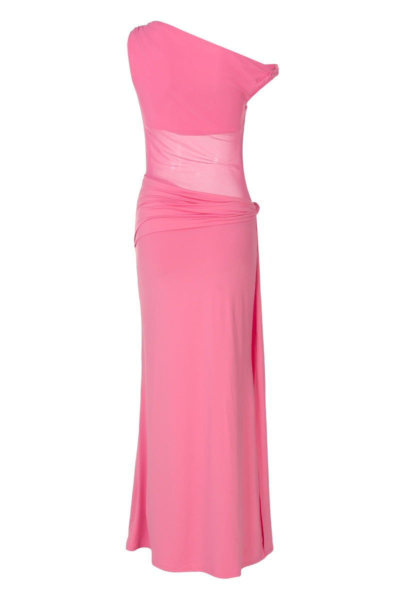 One Shoulder Hot Pink Sheer Long Dress – Ohmollydress