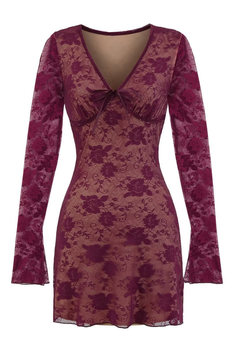 Long Sleeves Burgundy Lace Short Dress – Ohmollydress