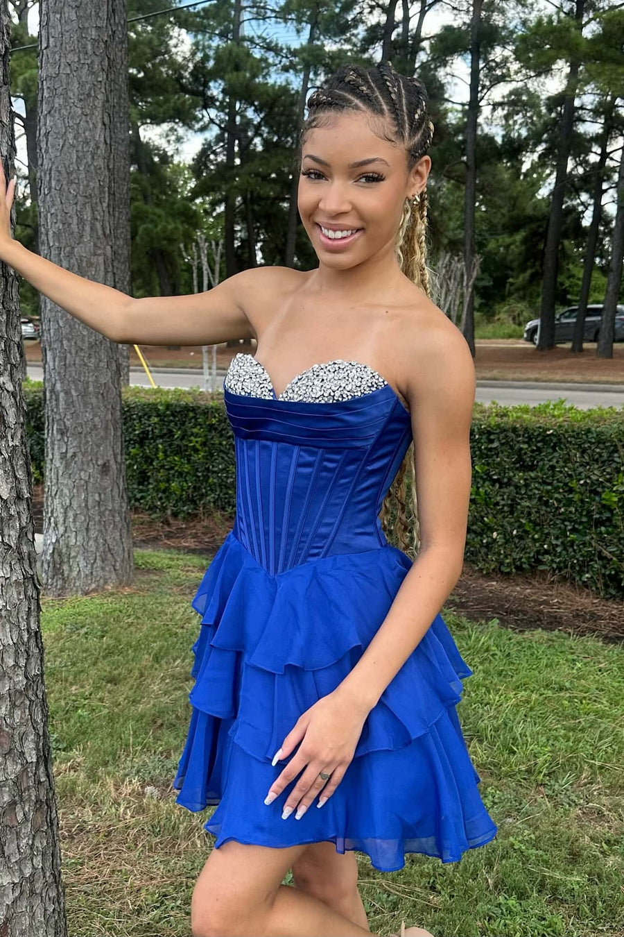 Beaded Neck Yellow Tiered A-line Short Dress