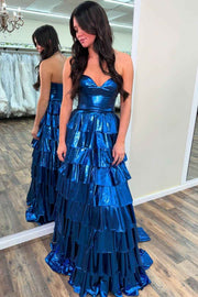 Sweetheart Purple Tiered Metallic Long Dress