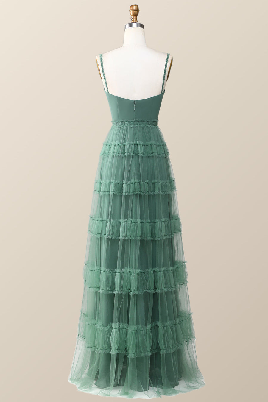 Eucalyptus Tulle Ruffle Long Dress with Straps