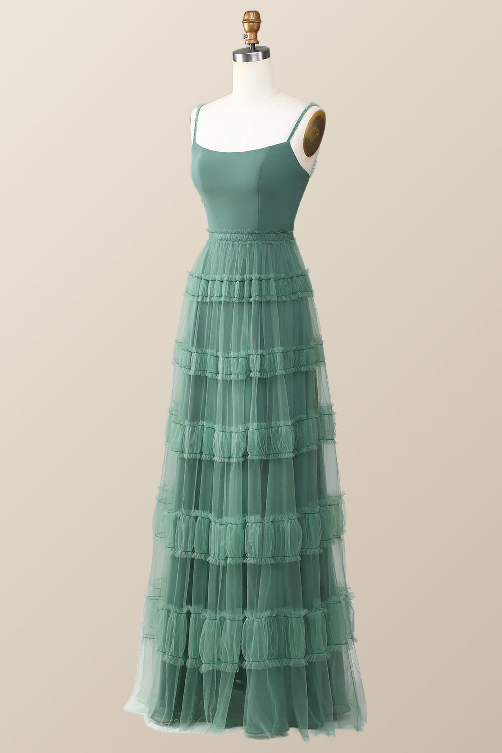 Eucalyptus Tulle Ruffle Long Dress with Straps