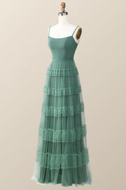 Eucalyptus Tulle Ruffle Long Dress with Straps