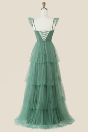 Blue Tulle Tiered A-line Long Dress
