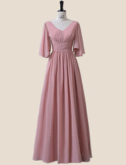 Flare Sleeves Blush Pink Pleated Long Dress