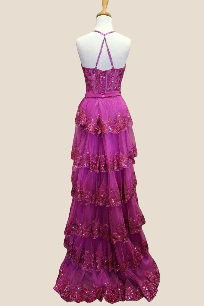 Fuchsia Sequin Appliques Tiered Long Dress