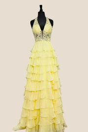 Halter Yellow Appliques Ruffle Long Dress