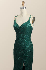Ruched Green Sequin Fitted Long Party Dress