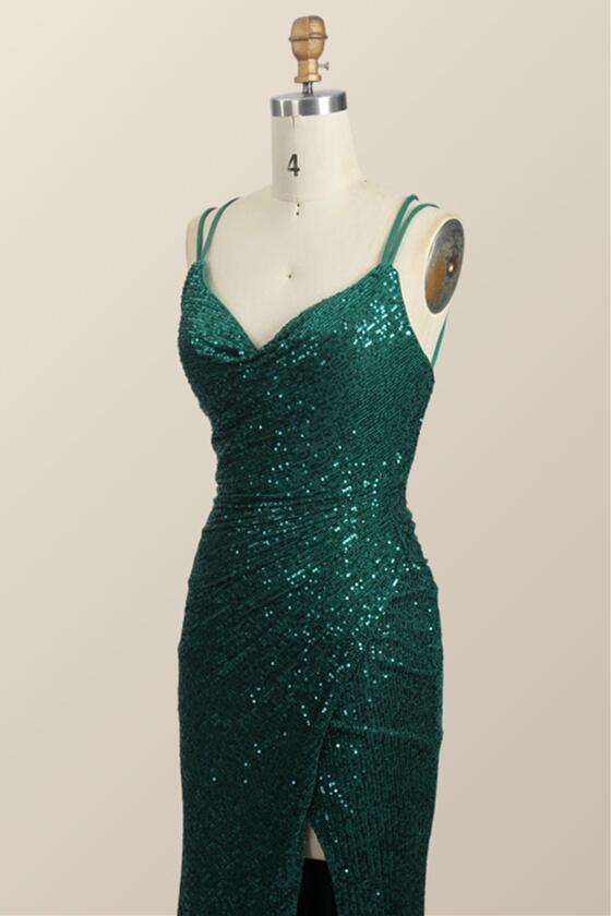 Ruched Green Sequin Fitted Long Party Dress