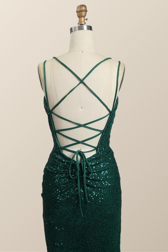 Ruched Green Sequin Fitted Long Party Dress