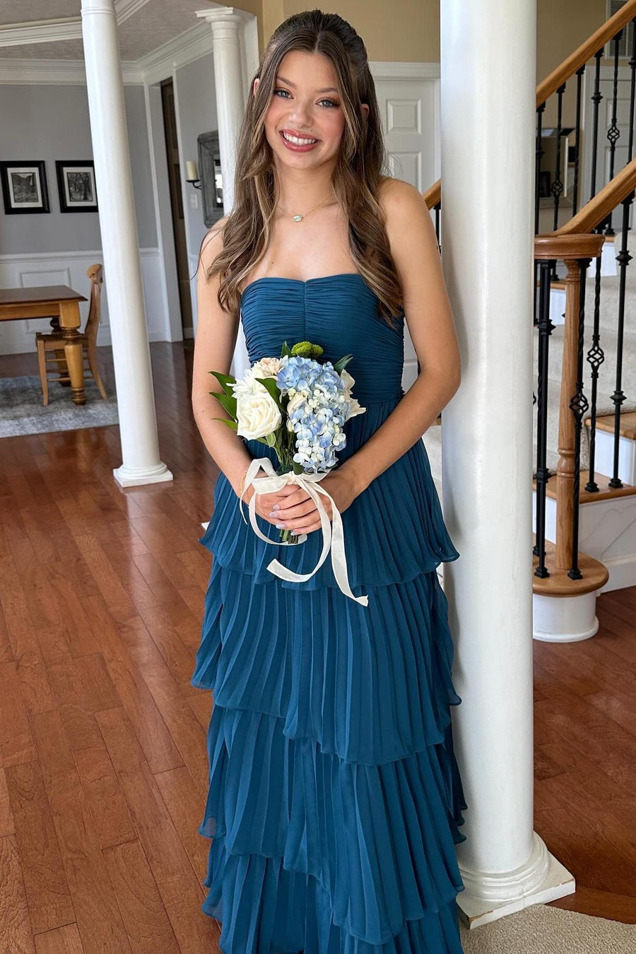 Strapless Sage Pleated Tiered Long Party Dress