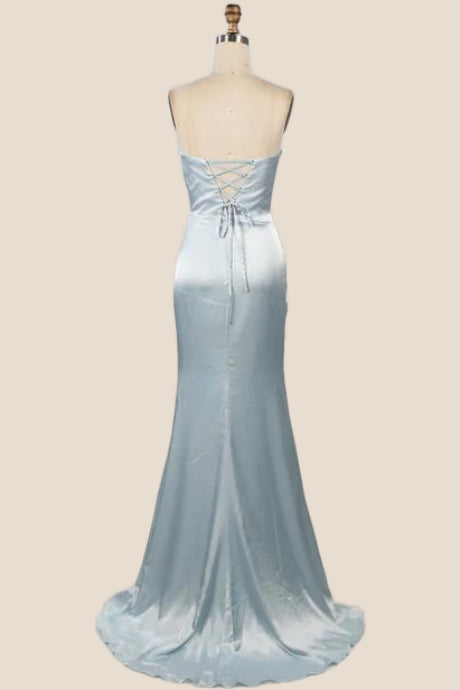 Sky Blue Formal Dress Trumpet/Mermaid Square Neckline Straps Sleeveless Stretch Satin Formal Dresses