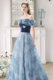 Off the Shoulder Blue Velvet Tulle Princess Gown
