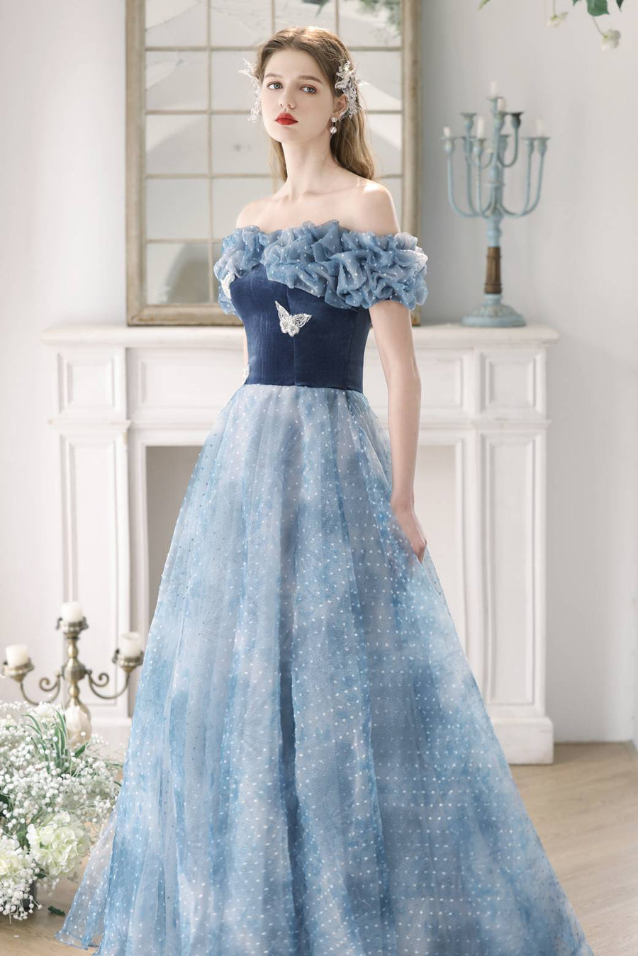 Off the Shoulder Blue Velvet Tulle Princess Gown