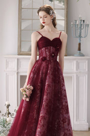 Straps Burgundy Floral A-line Long Formal Dress