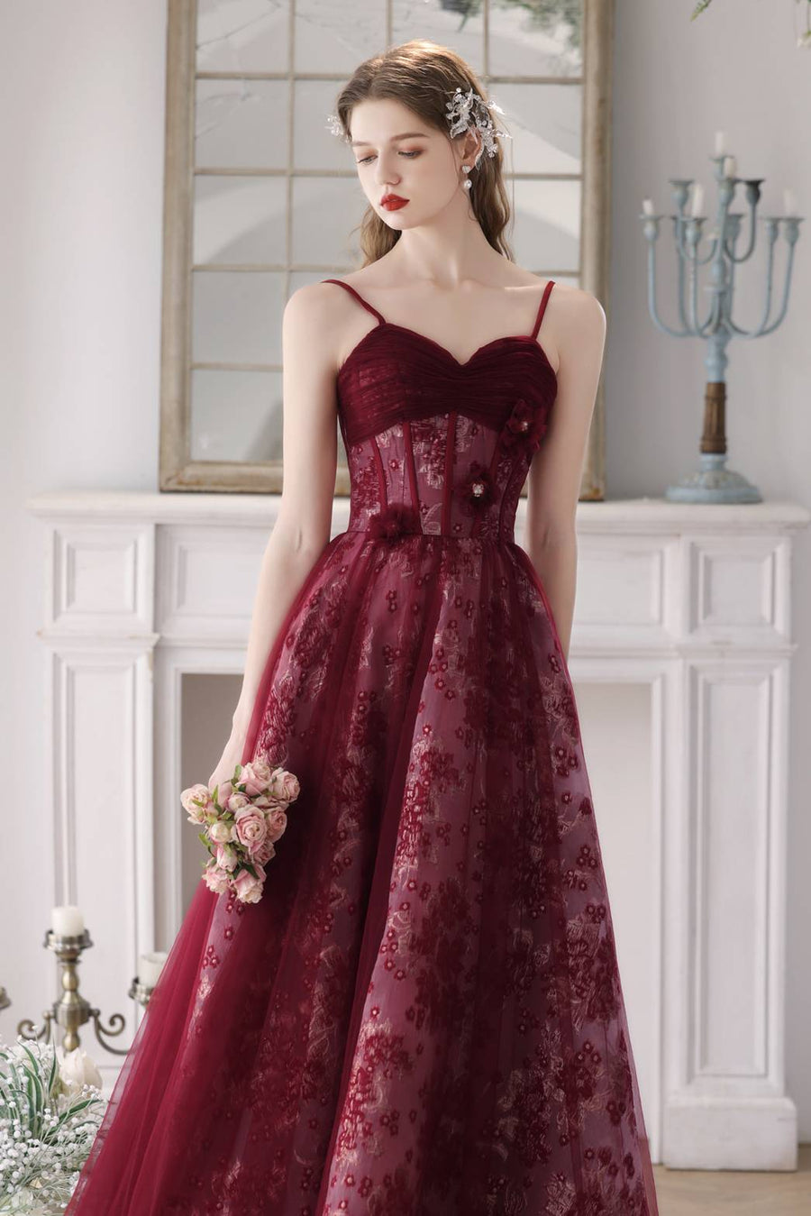 Straps Burgundy Floral A-line Long Formal Dress