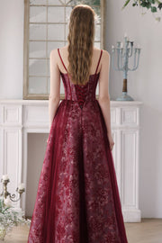 Straps Burgundy Floral A-line Long Formal Dress