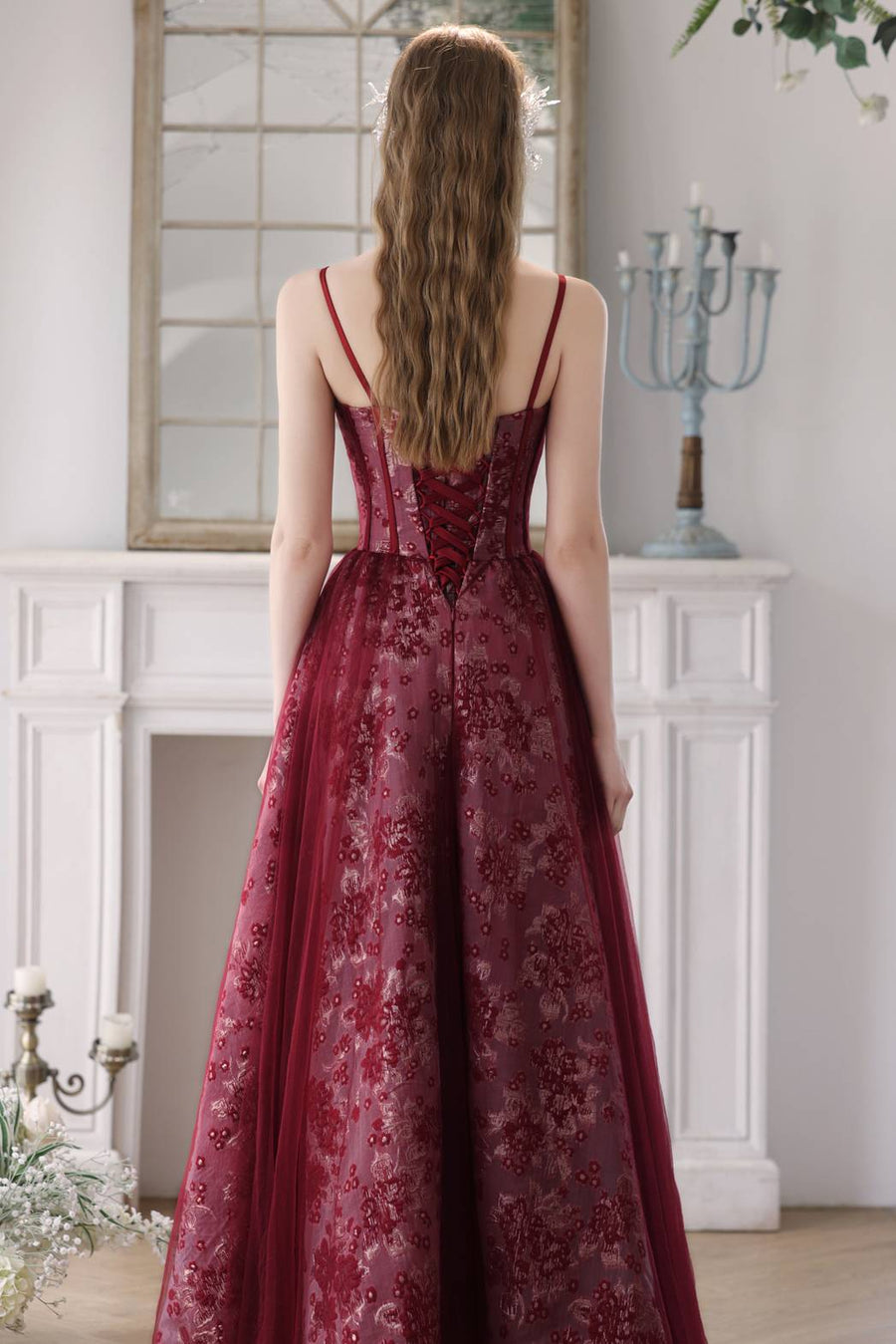 Straps Burgundy Floral A-line Long Formal Dress