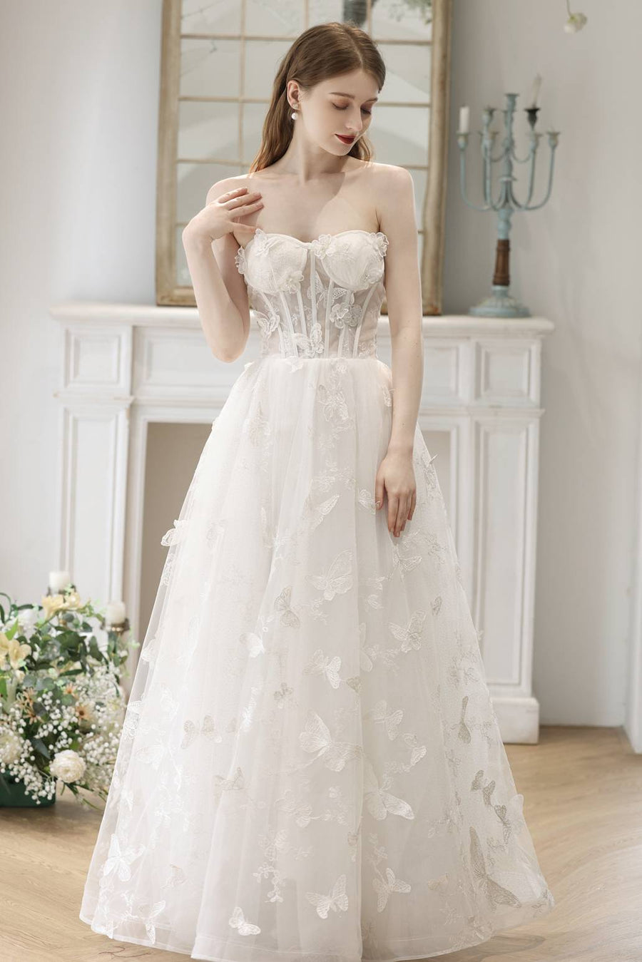 Butterfly White Corset A-line Long Dress