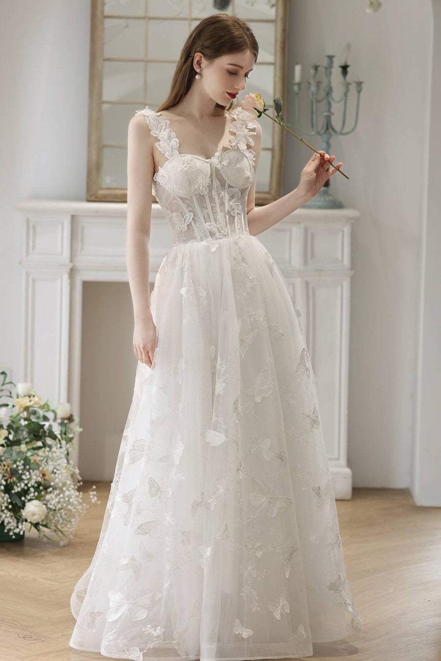 Butterfly White Corset A-line Long Dress