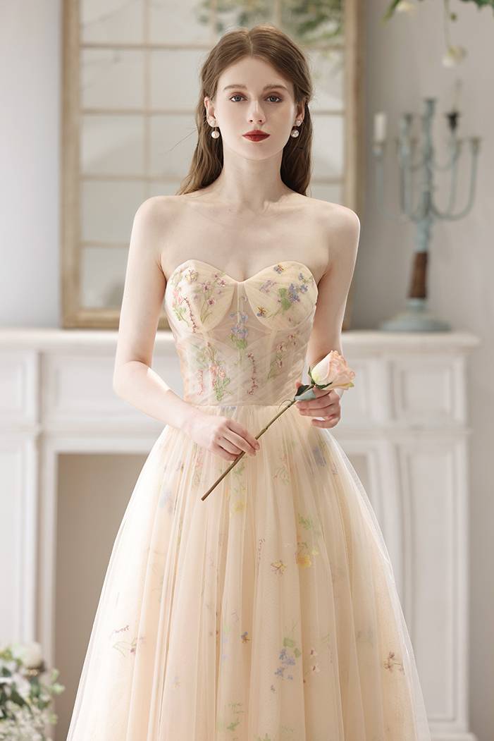 Sweetheart Champagne Floral Corset Long Prom Dress Ohmollydress Sweetheart Champagne Floral Corset Long Prom Dress Ohmollydress