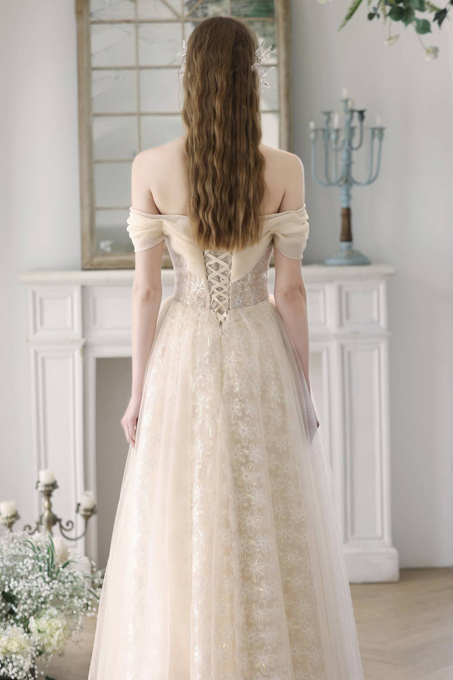 Off the Shoulder Champagne Tulle Princess Gown