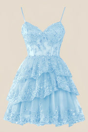 Straps Navy Appliques Tiered Layered Short Princess Dress