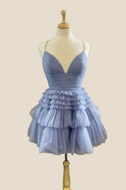 Straps Blue Tiered Ruffle Short A-line Homecoming Dress