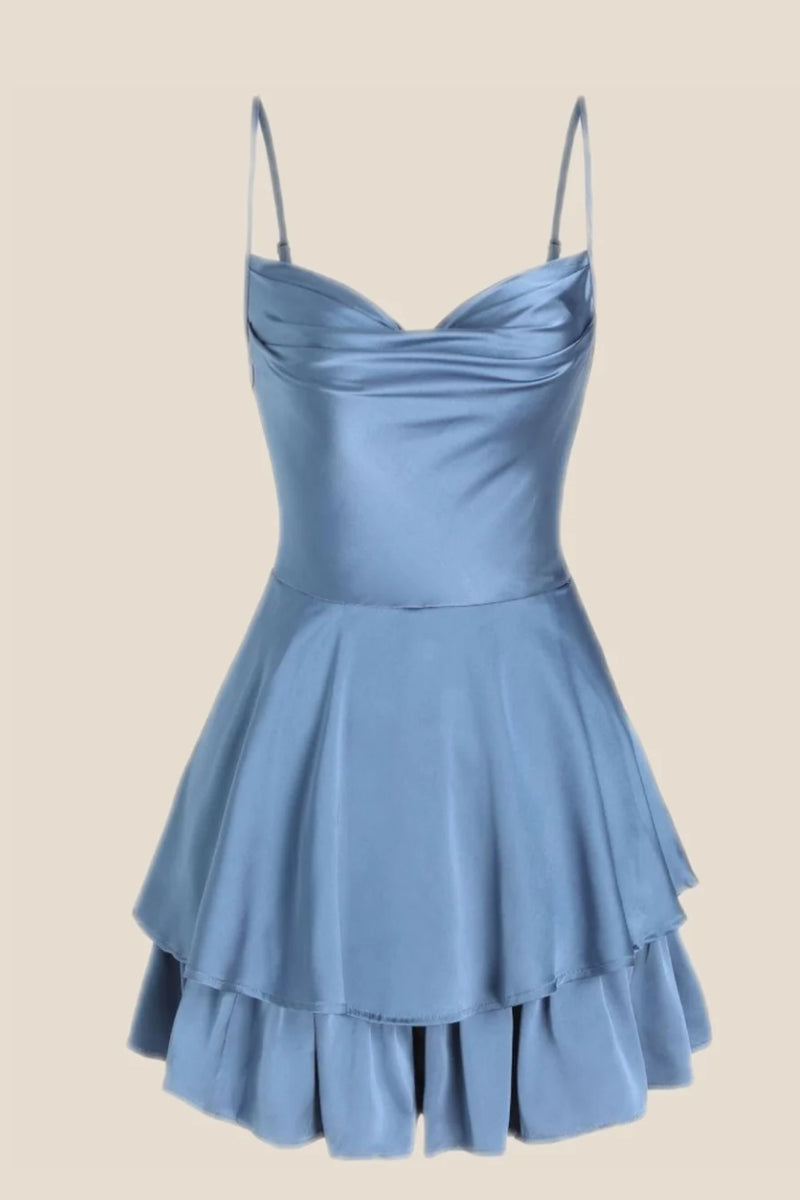 Cowl Neck Dusty Blue Ruffles Short Princess Dress – Ohmollydress