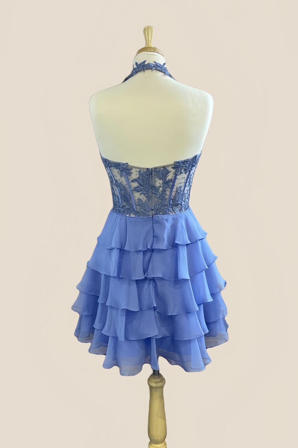 Appliques Periwinkle Chiffon Tiered Ruffle Short Dress