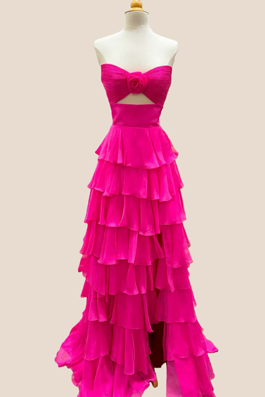 Strapless Hot Pink Rosette Tiered Long Dress