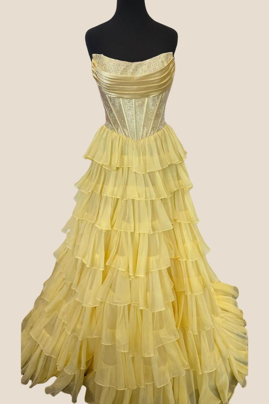 Beaded Yellow Chiffon A-line Tiered Ruffle Gown