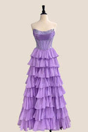 Beaded Yellow Chiffon A-line Tiered Ruffle Gown