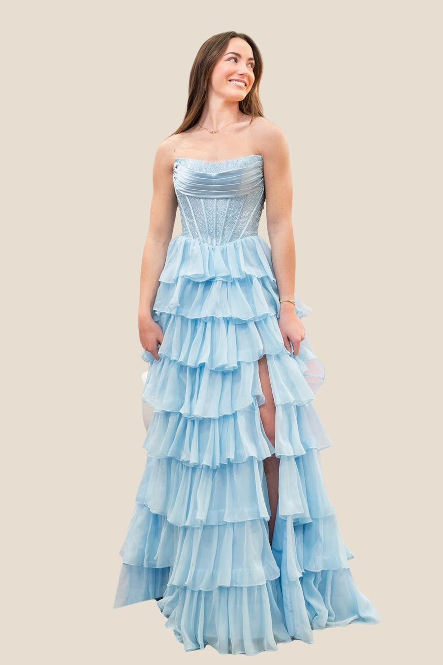 Beaded Yellow Chiffon A-line Tiered Ruffle Gown