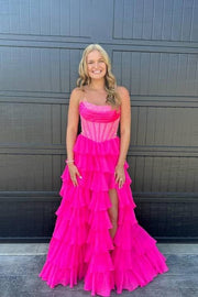 Beaded Yellow Chiffon A-line Tiered Ruffle Gown