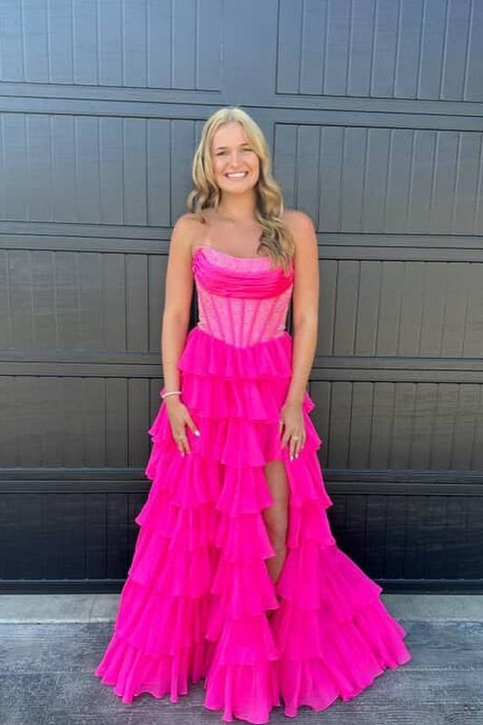 Beaded Yellow Chiffon A-line Tiered Ruffle Gown