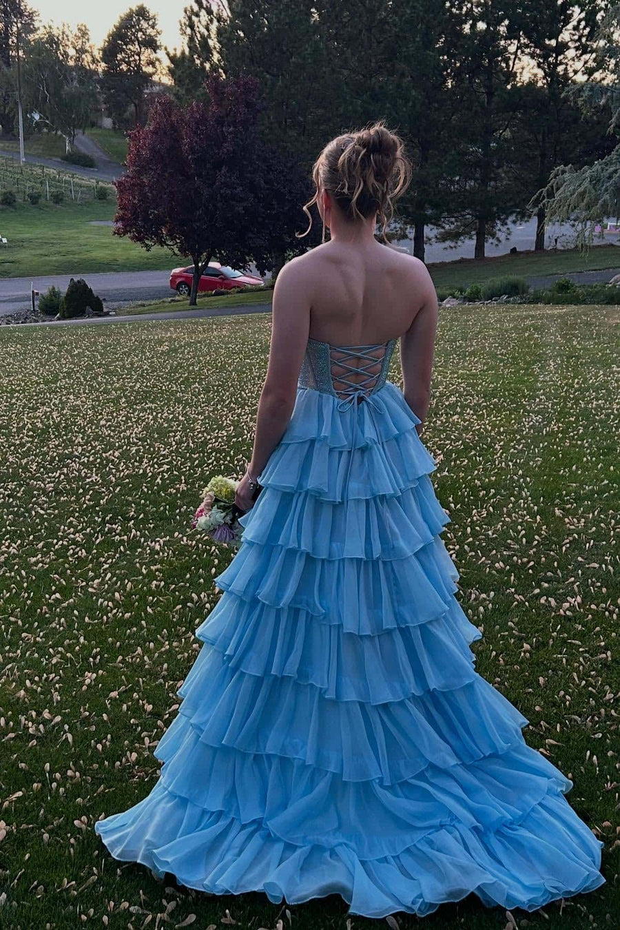 Beaded Yellow Chiffon A-line Tiered Ruffle Gown