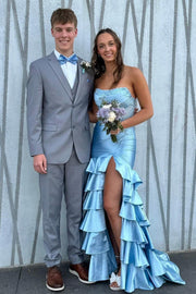 Strapless Lavender Appliques Satin Mermaid Ruffle Dress