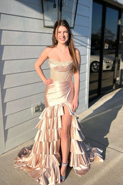 Strapless Lavender Appliques Satin Mermaid Ruffle Dress