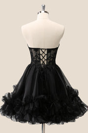 Sweetheart Black Appliques A-line Short Ruffle Dress