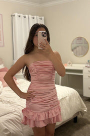 Pink Strapless Ruched Frill Satin Mini Dress