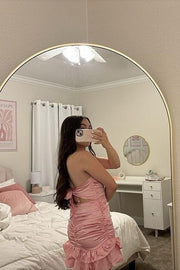 Pink Strapless Ruched Frill Satin Mini Dress