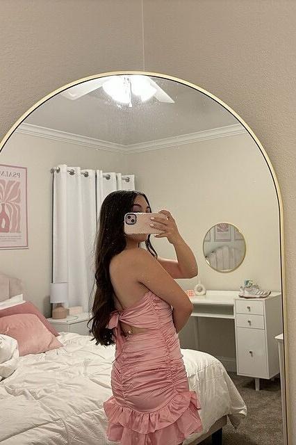 Pink Strapless Ruched Frill Satin Mini Dress