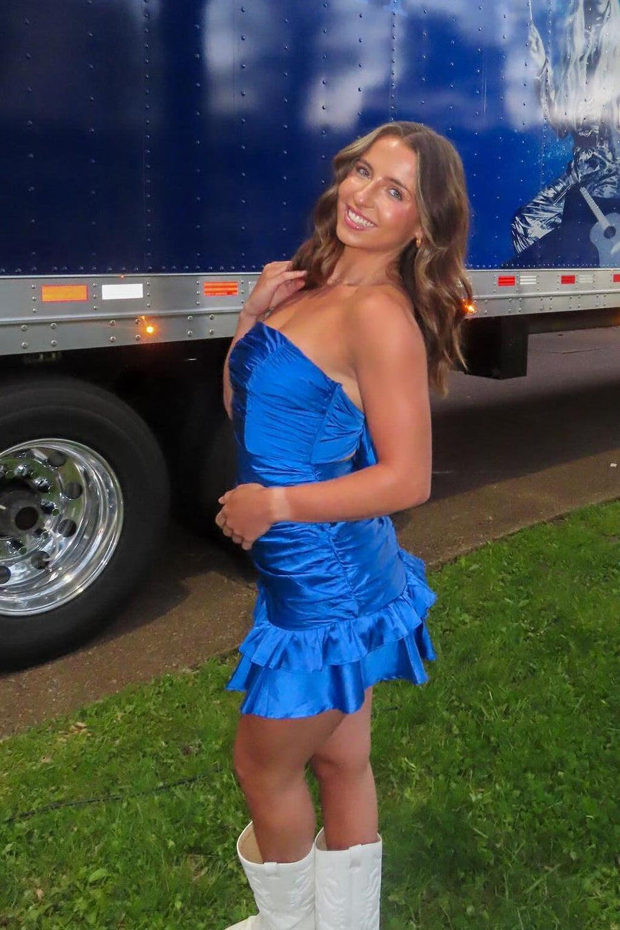 Pink Strapless Ruched Frill Satin Mini Dress