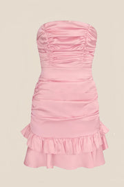 Pink Strapless Ruched Frill Satin Mini Dress