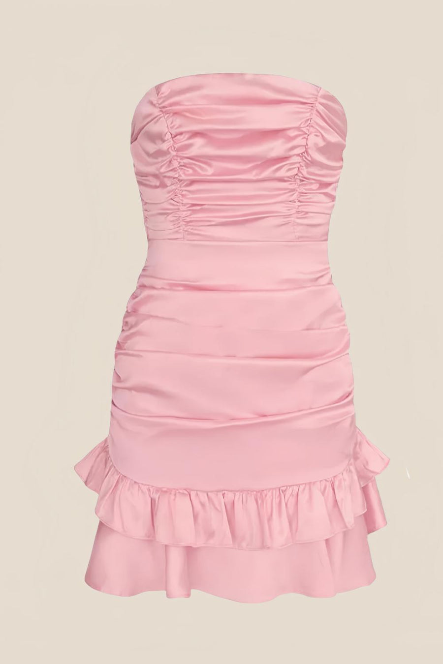 Pink Strapless Ruched Frill Satin Mini Dress