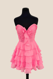 Strapless Hot Pink Chiffon Bow Ruffle Short Dress