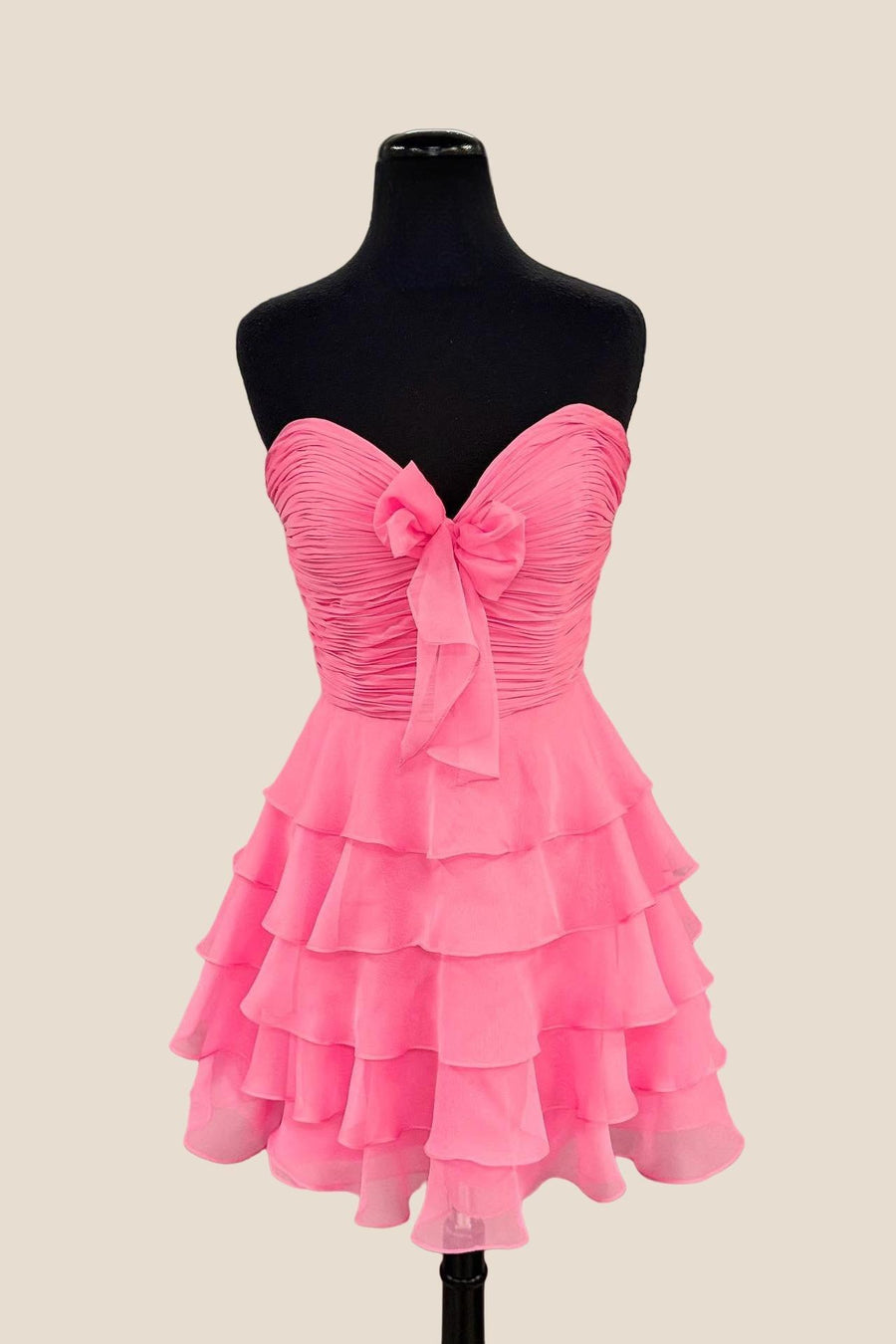 Strapless Hot Pink Chiffon Bow Ruffle Short Dress